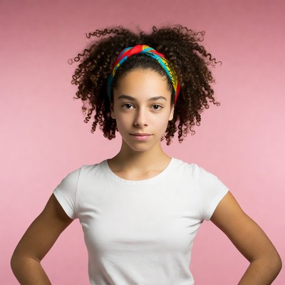 Young woman with curly hair and headband