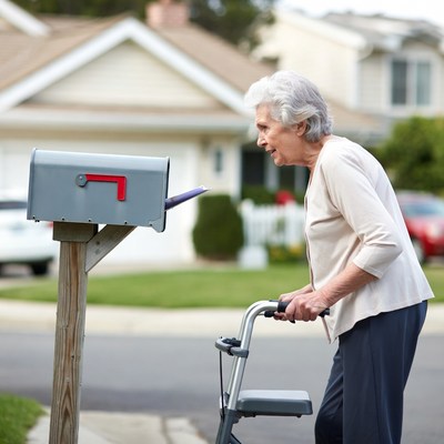 Elderly woman checking mailbox with walker