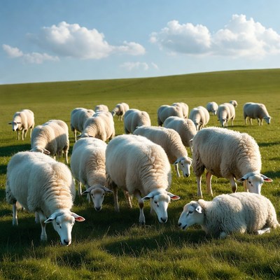 Herd of sheep grazing in green field
