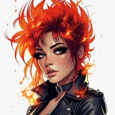Fiery red-haired woman in leather jacket