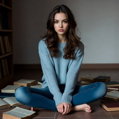 Woman sitting surrounded by books