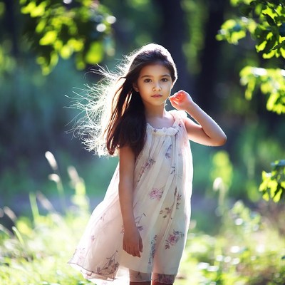 Young girl in white dress in forest