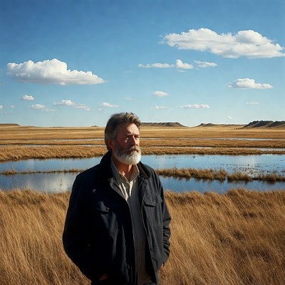 Bearded man in golden wetlands landscape