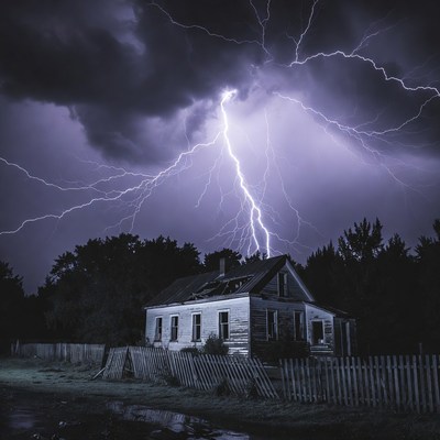 Lightning striking abandoned house