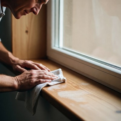 Man cleaning wooden windowsill