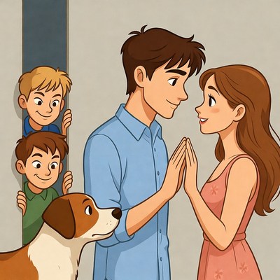 Family with dog peeking through door