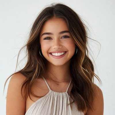Smiling young woman with long wavy hair