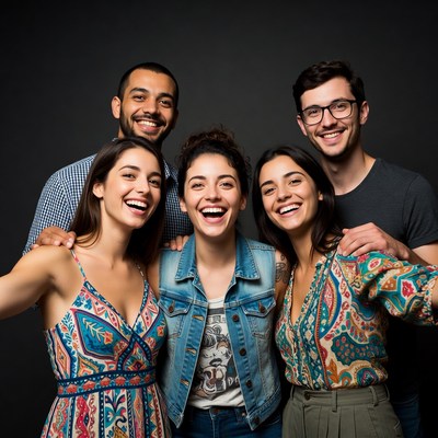 Group of four smiling friends posing together