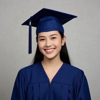 Asian girl in blue graduation gown