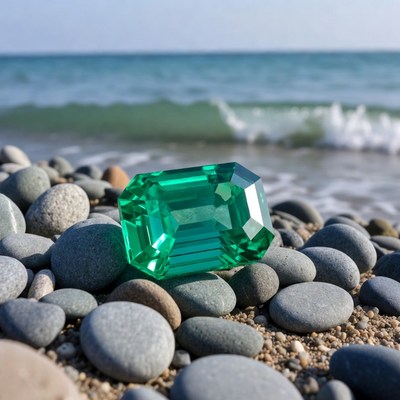 Emerald Gemstone on Beach Pebbles