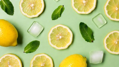 Lemon slices with mint and ice
