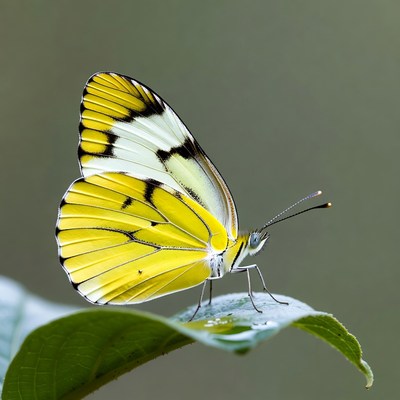 Yellow butterfly on dewy leaf