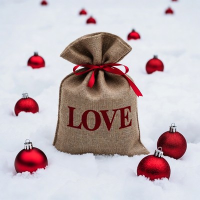 Burlap LOVE Bag with Red Ornaments in Snow