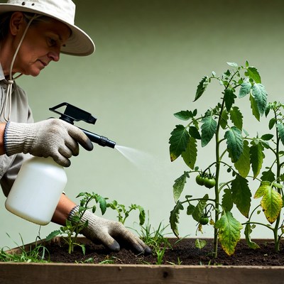 Woman spraying tomato plants