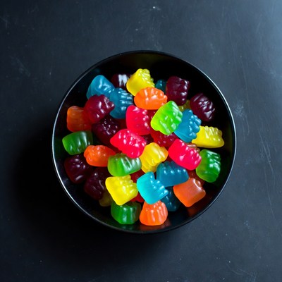 Colorful gummy bears in black bowl