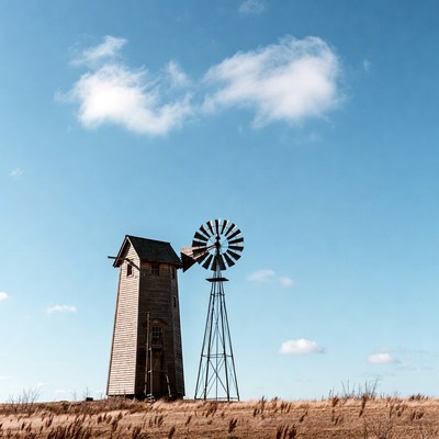 Old Windmill on Prairie Field