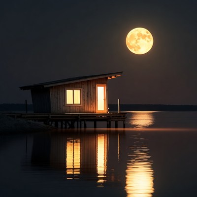 Cabin on pier under full moon