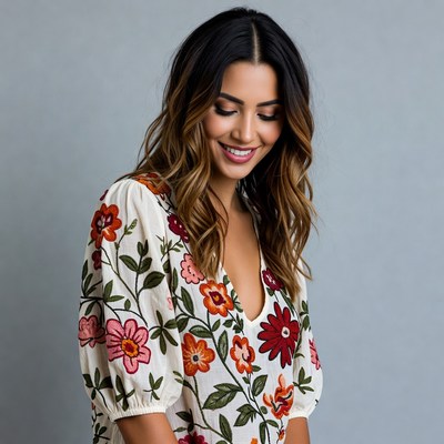 Smiling woman in floral embroidered blouse