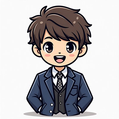 Chibi boy in navy suit smiling
