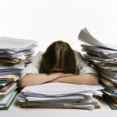 Woman asleep on desk buried in paperwork