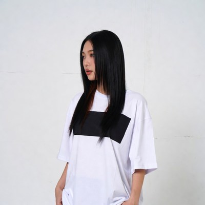 Asian woman in white black stripe t-shirt