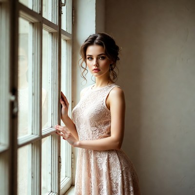 Woman in lace dress by window