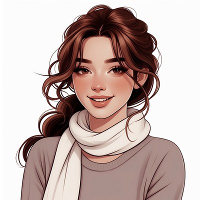 Smiling woman with brown hair and white scarf