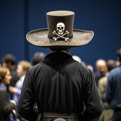 Man wearing skull-topped top hat