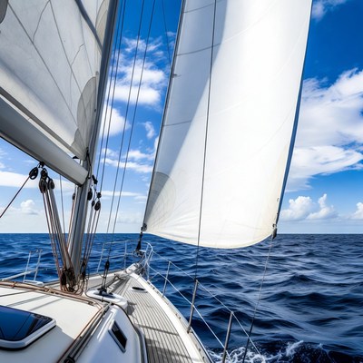 Sailboat with white sails on ocean