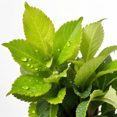 Green serrated leaves with water droplets