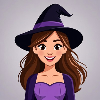 Smiling Witch Girl in Purple Dress