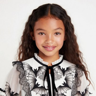 Girl in bat-patterned lace dress
