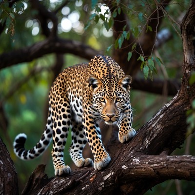Leopard prowling on tree branch