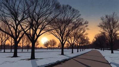 Sunset Over Snowy Tree-Lined Path