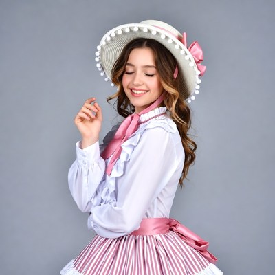 Girl in pink Victorian dress and hat