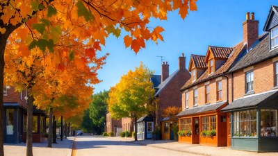 Autumn Street with Orange Trees and Houses
