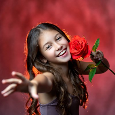 Girl smiling with red rose