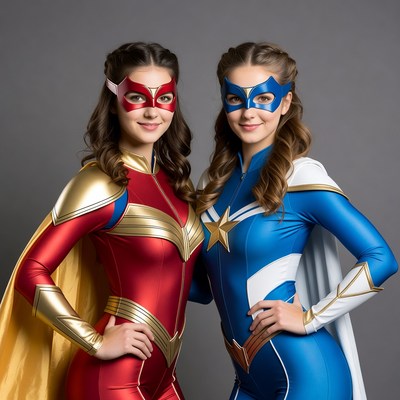 Two women in red and blue superhero costumes