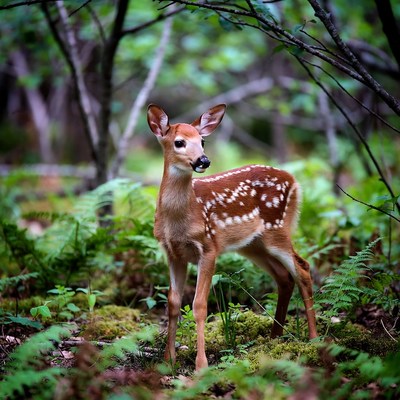 Baby fawn standing in forest