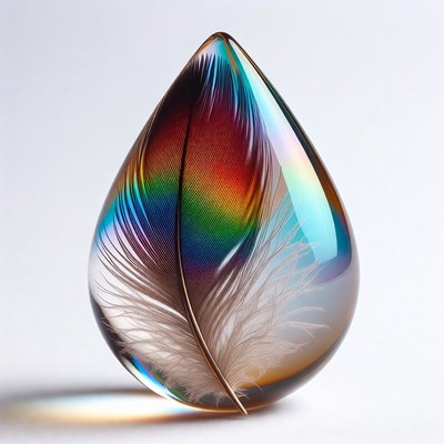 Iridescent Feather in Glass Teardrop