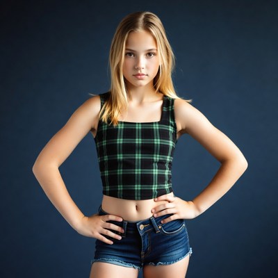 Blonde girl in plaid top and shorts
