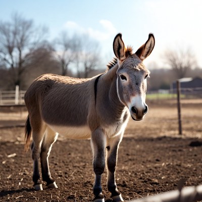 Donkey standing in farm field