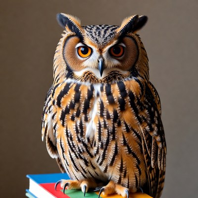 Owl standing on colorful books