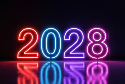 Neon 2028 Numbers on Reflective Floor