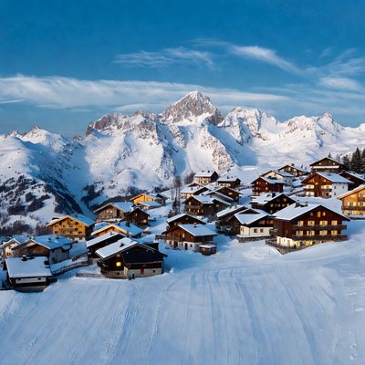 Snowy Alpine Village with Mountains