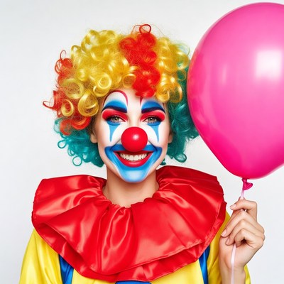 Clown woman holding pink balloon