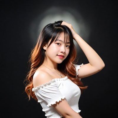 Asian woman with hand on head