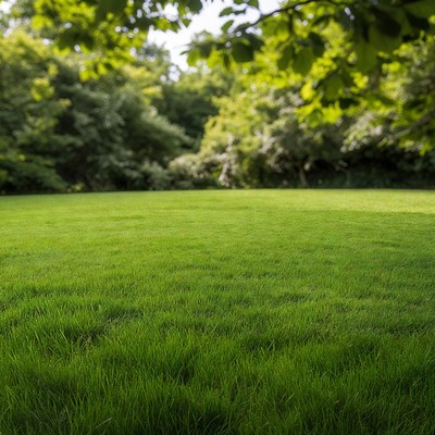 Lush green grass field with trees
