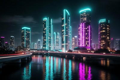Neon-lit Cyberpunk City Skyline at Night