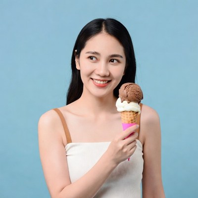 Asian woman holding ice cream cone